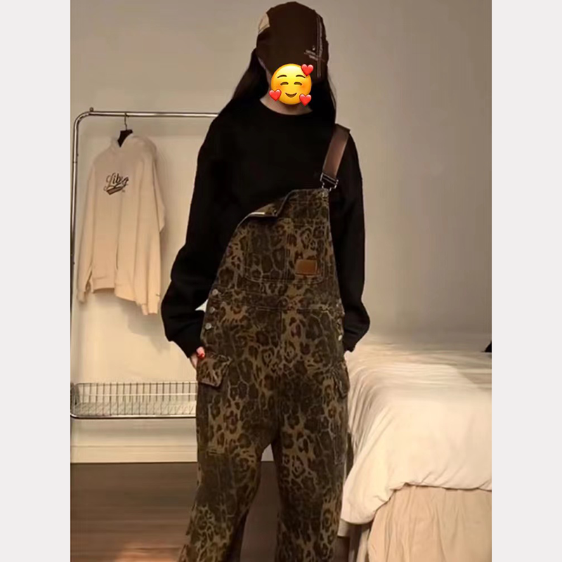 American retro loose straight leopard overalls for men and women new street washing wide-leg multi-pocket pants trendy