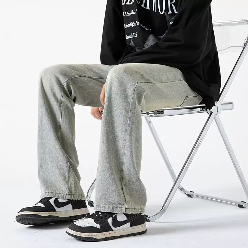 Wide-leg jeans for men, spring and autumn trendy brand loose straight casual trousers, distressed washed retro floor-length slim trousers