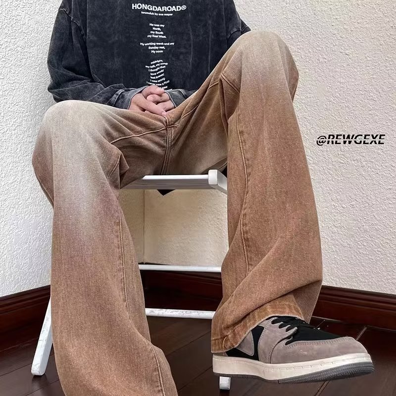 Wide-leg jeans for men, spring and autumn trendy brand loose straight casual trousers, distressed washed retro floor-length slim trousers