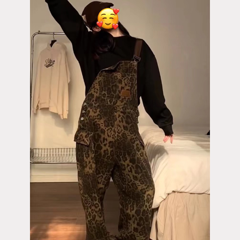 American retro loose straight leopard overalls for men and women new street washing wide-leg multi-pocket pants trendy
