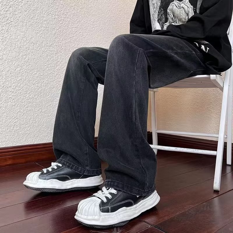 Wide-leg jeans for men, spring and autumn trendy brand loose straight casual trousers, distressed washed retro floor-length slim trousers
