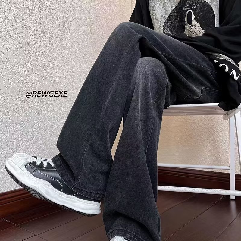 Wide-leg jeans for men, spring and autumn trendy brand loose straight casual trousers, distressed washed retro floor-length slim trousers