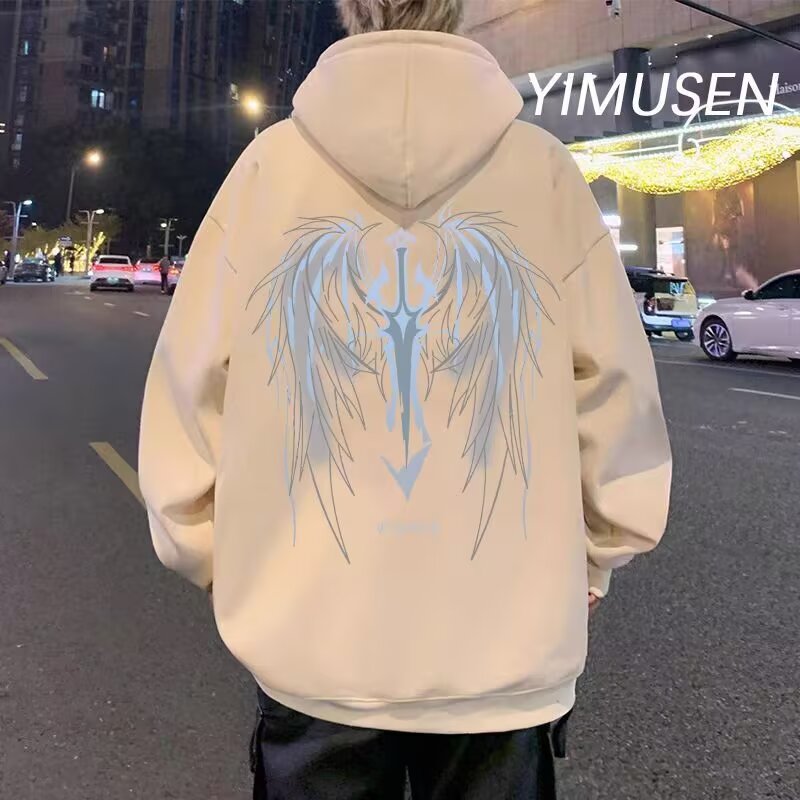 New American wing print hooded sweatshirt for boys, velvet thickened jacket, retro top for couples