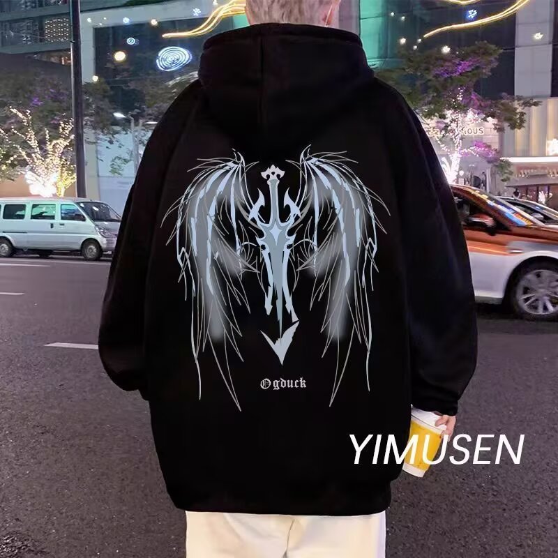 New American wing print hooded sweatshirt for boys, velvet thickened jacket, retro top for couples