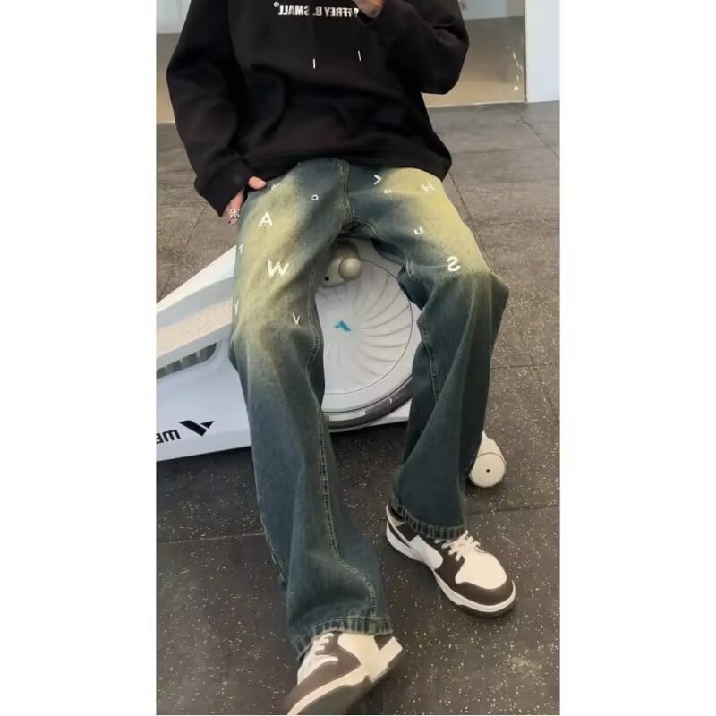 Washed jeans men's summer thin loose retro Korean wide-leg pants high street handsome daddy trousers