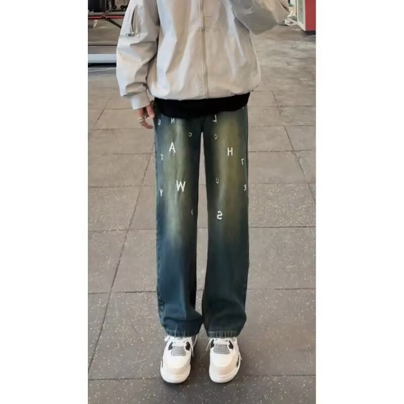 Washed jeans men's summer thin loose retro Korean wide-leg pants high street handsome daddy trousers