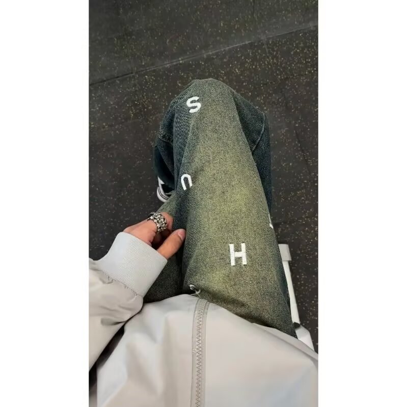 Washed jeans men's summer thin loose retro Korean wide-leg pants high street handsome daddy trousers