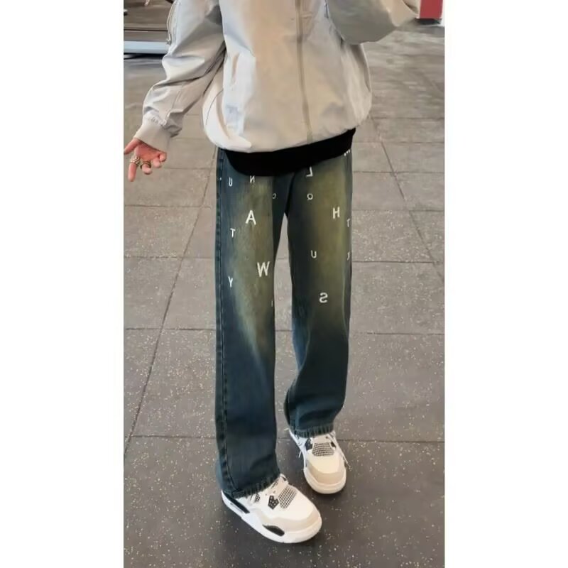 Washed jeans men's summer thin loose retro Korean wide-leg pants high street handsome daddy trousers