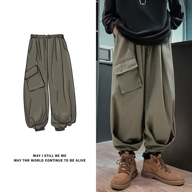 Design niche Japanese overalls men's autumn and winter fat men's large size loose wide-leg lantern dad pants