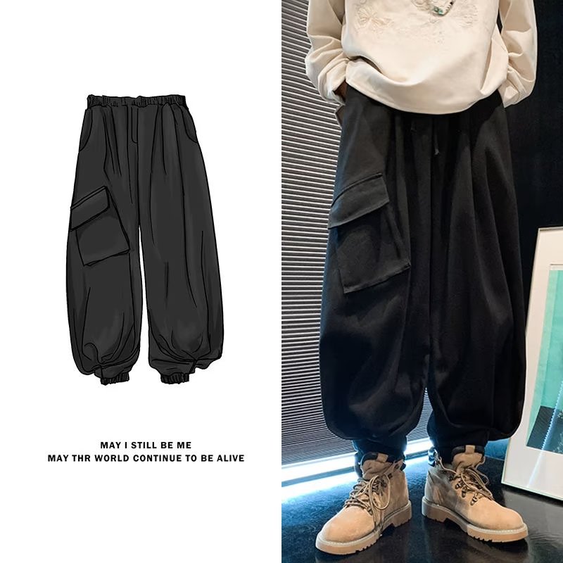 Design niche Japanese overalls men's autumn and winter fat men's large size loose wide-leg lantern dad pants