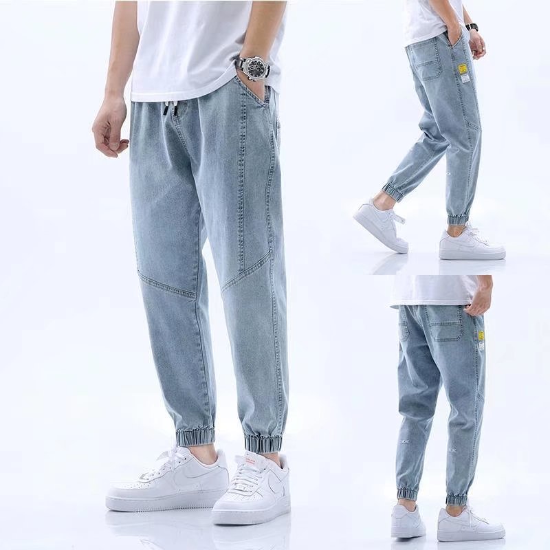 Light-colored jeans men's nine-point Korean style trendy loose trendy brand elastic waist work pants men's Harun tying pants
