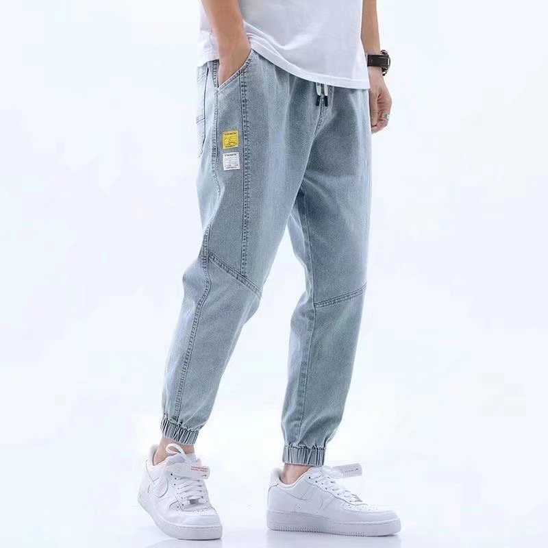 Light-colored jeans men's nine-point Korean style trendy loose trendy brand elastic waist work pants men's Harun tying pants