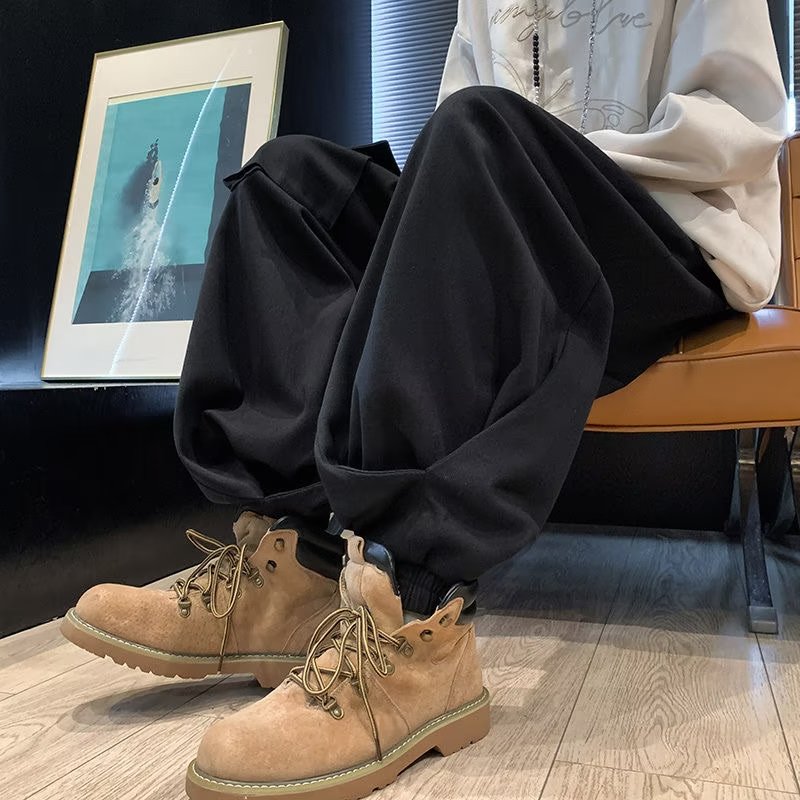 Design niche Japanese overalls men's autumn and winter fat men's large size loose wide-leg lantern dad pants