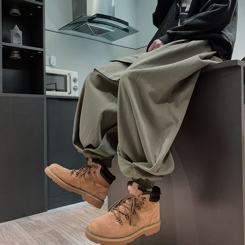 Design niche Japanese overalls men's autumn and winter fat men's large size loose wide-leg lantern dad pants