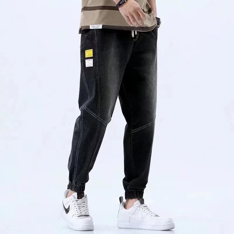 Light-colored jeans men's nine-point Korean style trendy loose trendy brand elastic waist work pants men's Harun tying pants