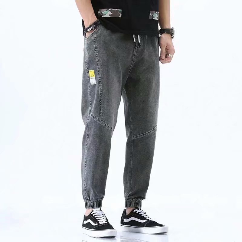 Light-colored jeans men's nine-point Korean style trendy loose trendy brand elastic waist work pants men's Harun tying pants