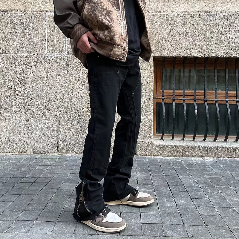 High Street Spring and Summer Retro Washed Dark Jeans Men's Trendy Brand Slim Fit Small Feet Versatile Zipper Slit Trousers