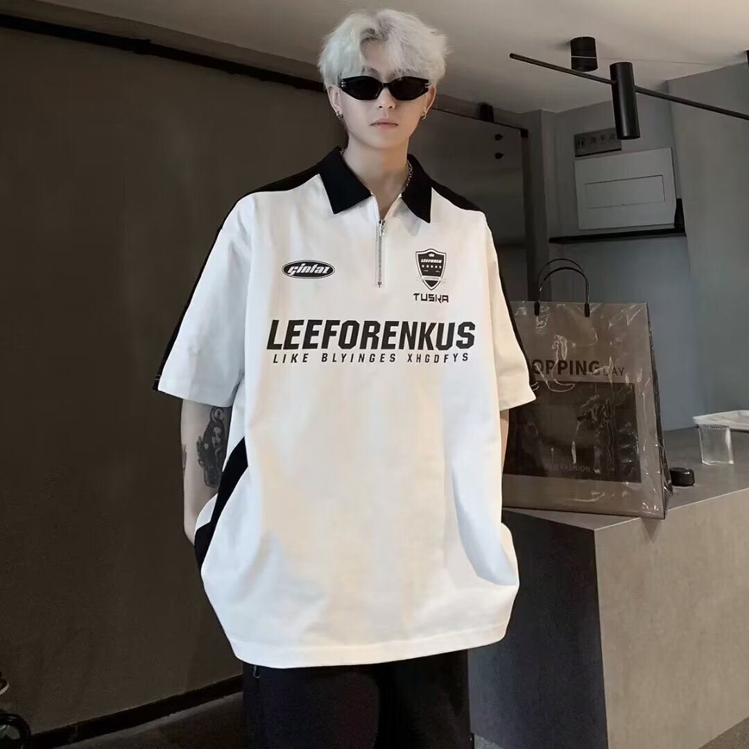 Polo shirt short-sleeved T-shirt men's summer new American retro street loose splicing contrasting lapel half-sleeved shirt