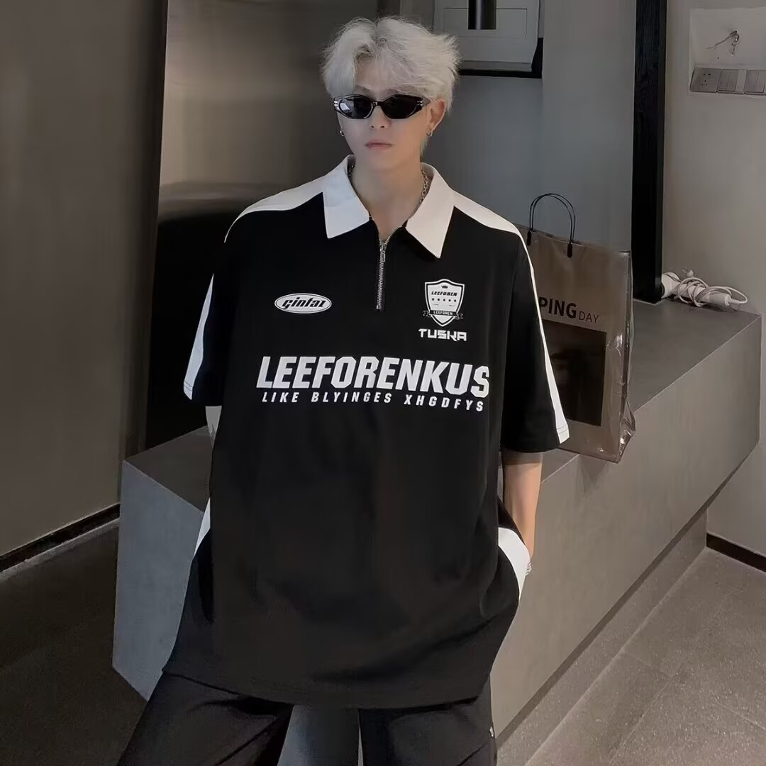 Polo shirt short-sleeved T-shirt men's summer new American retro street loose splicing contrasting lapel half-sleeved shirt