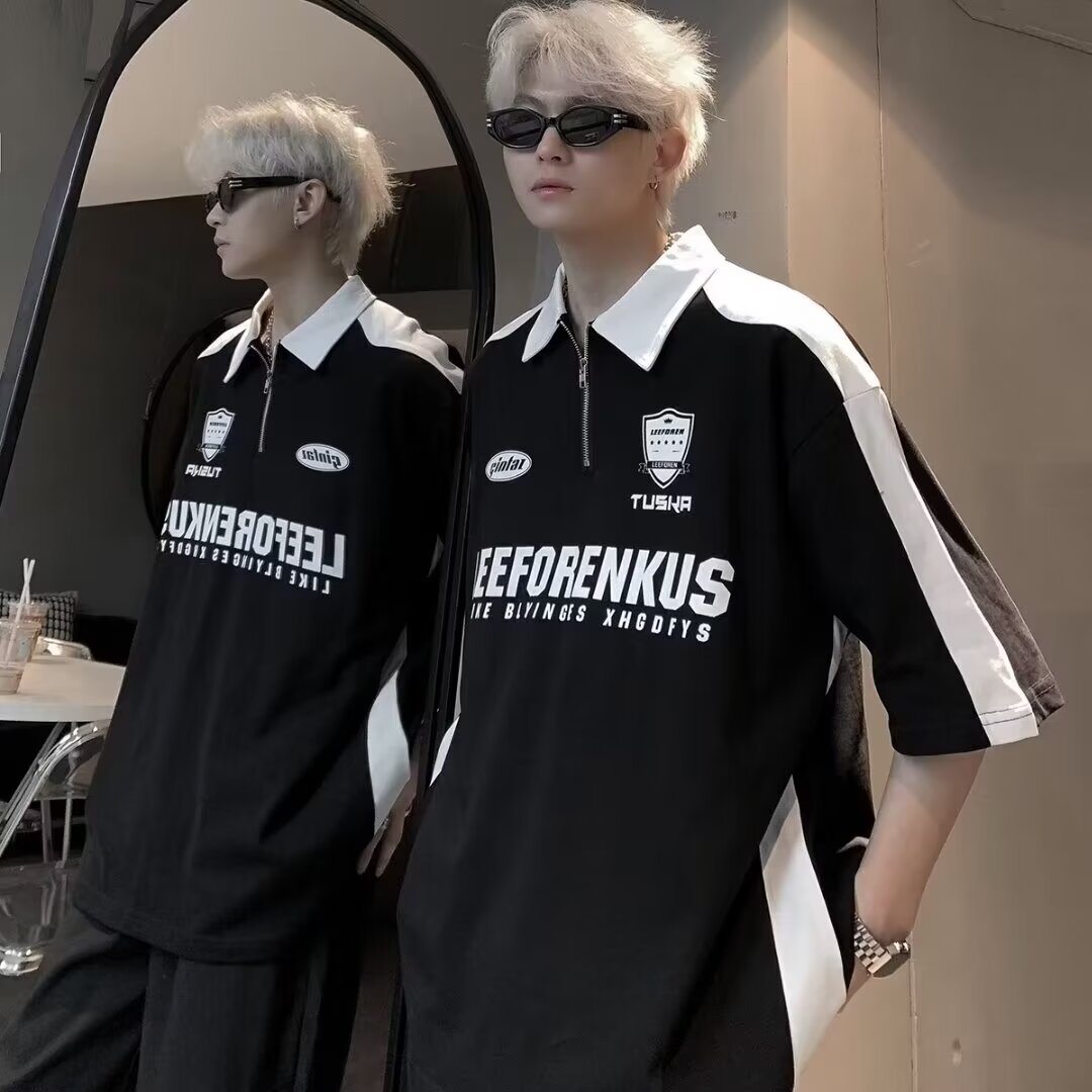 Polo shirt short-sleeved T-shirt men's summer new American retro street loose splicing contrasting lapel half-sleeved shirt