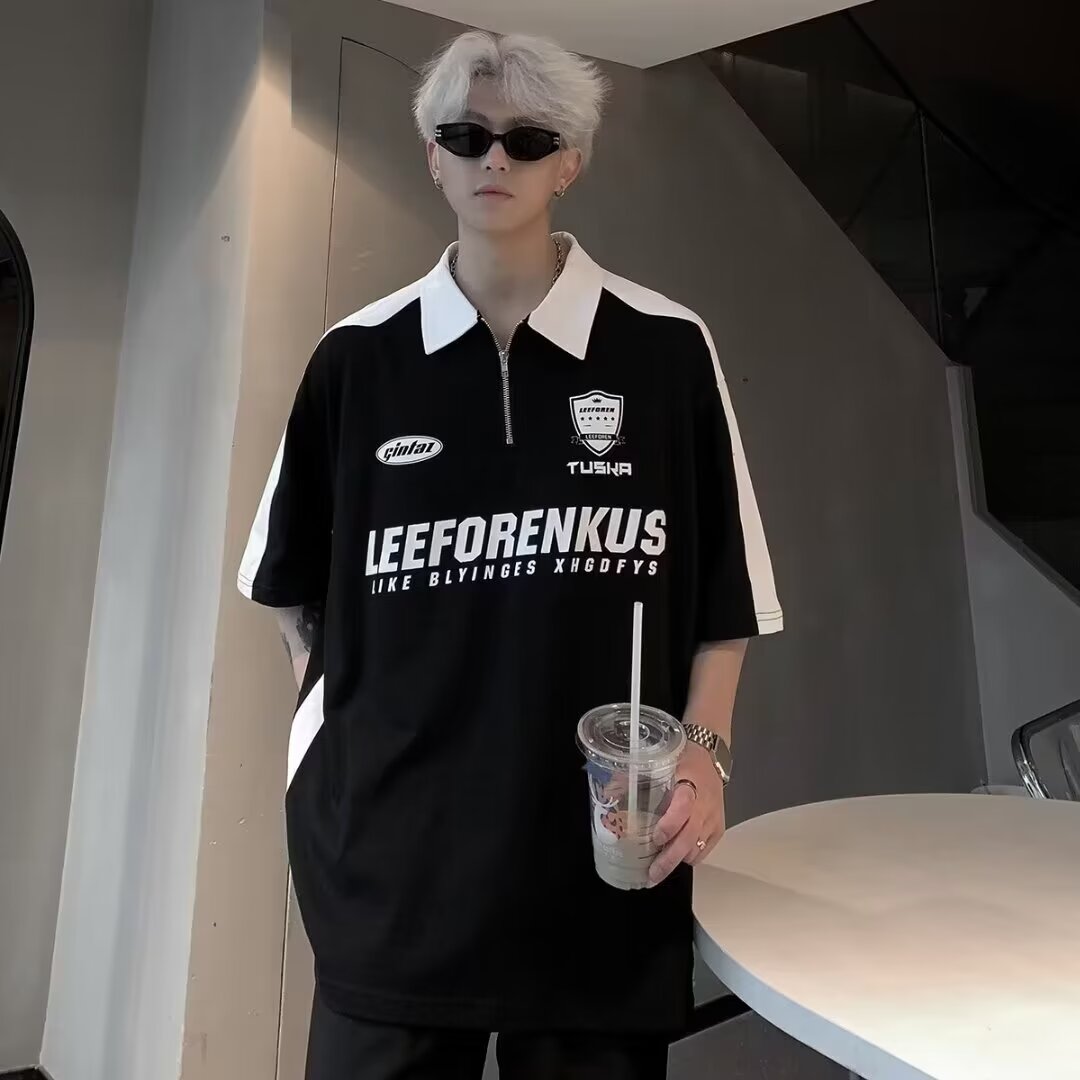 Polo shirt short-sleeved T-shirt men's summer new American retro street loose splicing contrasting lapel half-sleeved shirt