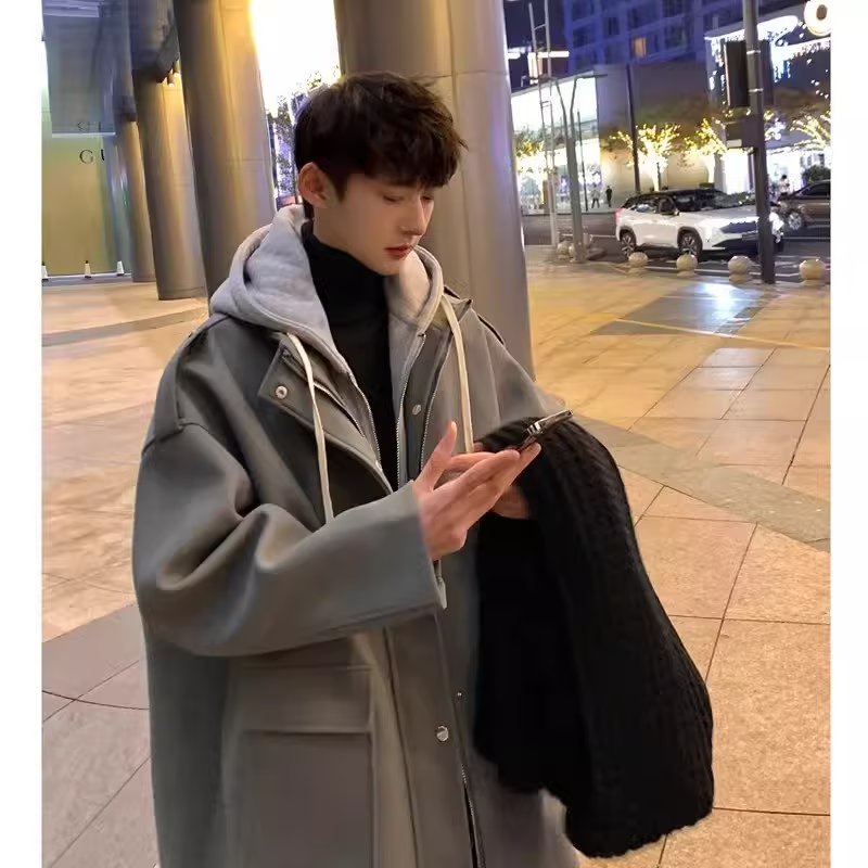 Fake two-piece woolen coats for boys spring and autumn thin high-end coats trendy brand handsome street fashion loose jackets