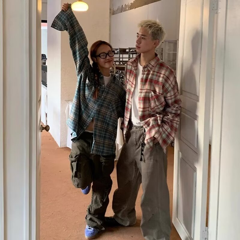 American retro yellow plaid shirt men and women trendy brand niche design long sleeve thin shirt sun protection jacket spring