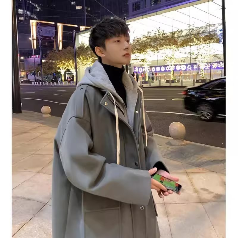 Fake two-piece woolen coats for boys spring and autumn thin high-end coats trendy brand handsome street fashion loose jackets