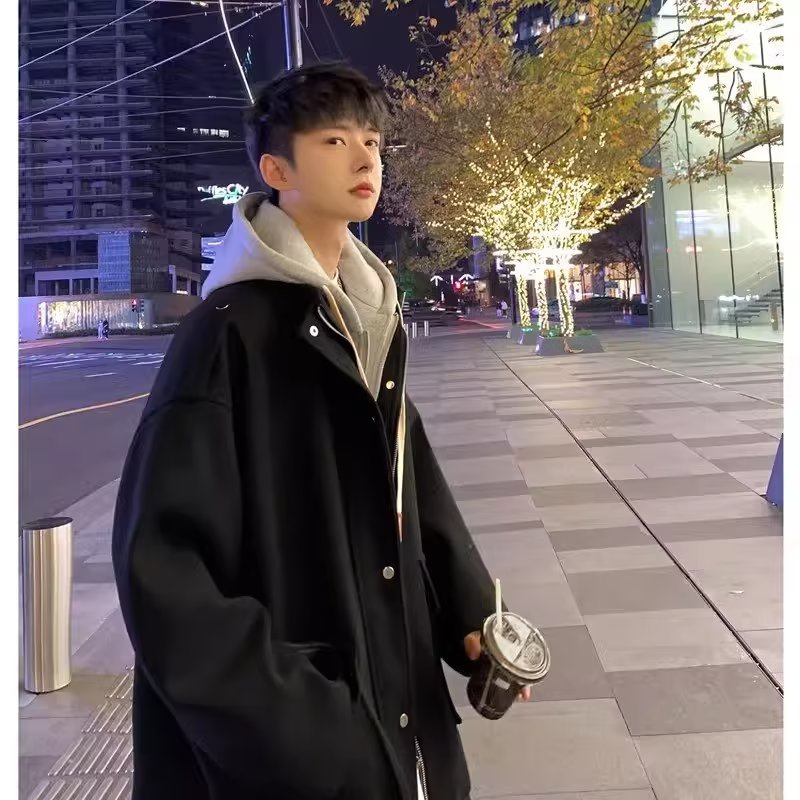 Fake two-piece woolen coats for boys spring and autumn thin high-end coats trendy brand handsome street fashion loose jackets