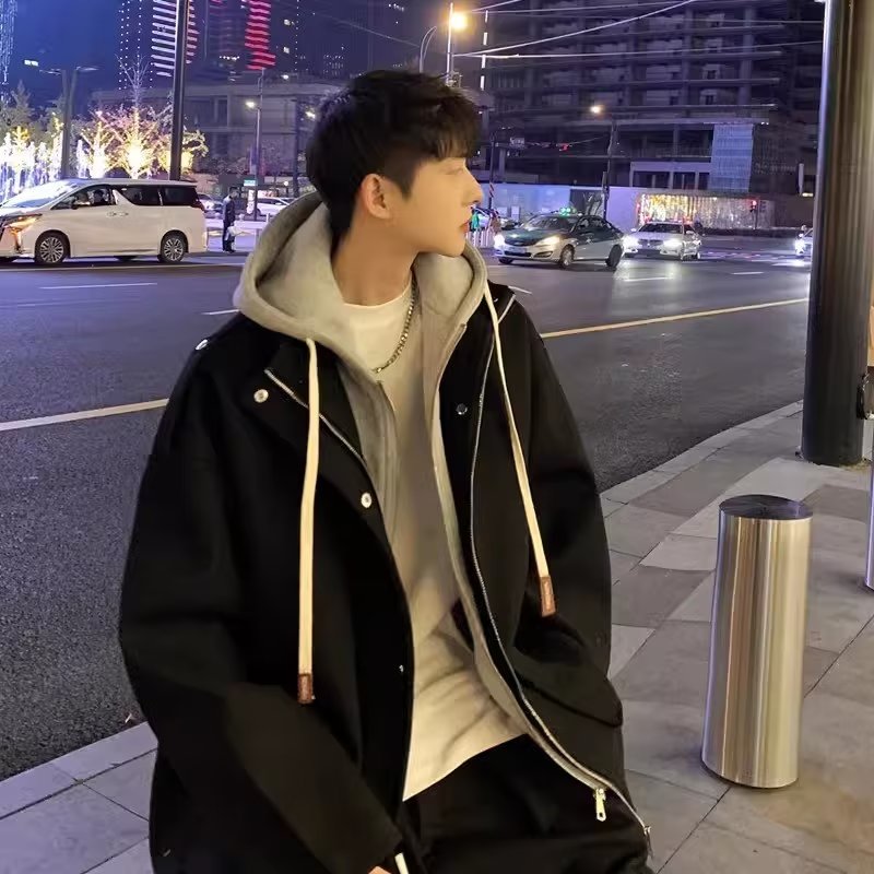 Fake two-piece woolen coats for boys spring and autumn thin high-end coats trendy brand handsome street fashion loose jackets