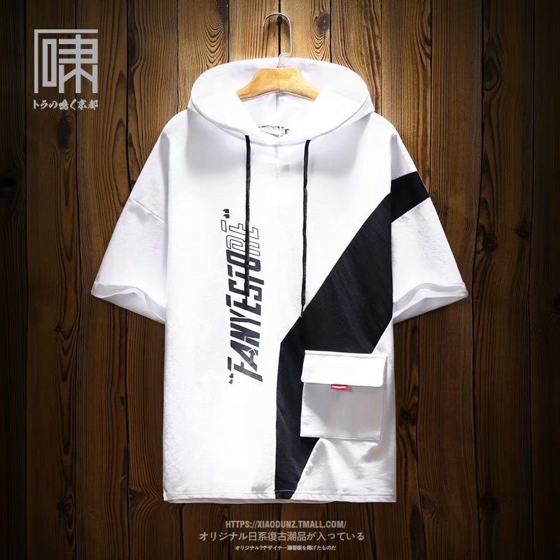 Summer casual new hooded short-sleeved T-shirt men's thin design half-sleeved spliced ​​sweatshirt men's clothing