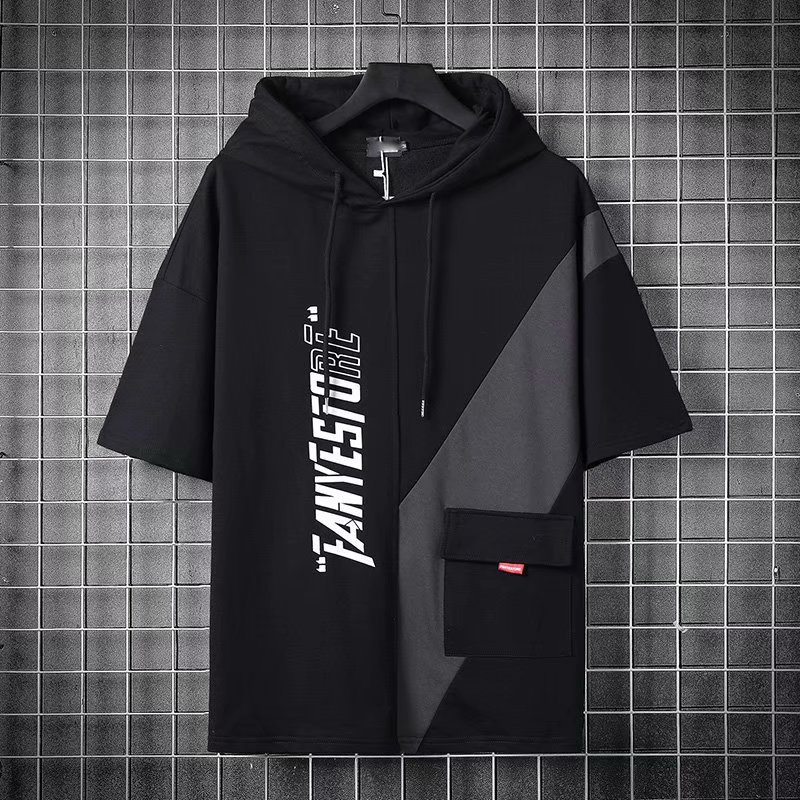 Summer casual new hooded short-sleeved T-shirt men's thin design half-sleeved spliced ​​sweatshirt men's clothing