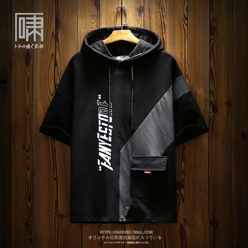 Summer casual new hooded short-sleeved T-shirt men's thin design half-sleeved spliced ​​sweatshirt men's clothing
