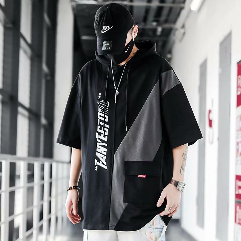 Summer casual new hooded short-sleeved T-shirt men's thin design half-sleeved spliced ​​sweatshirt men's clothing