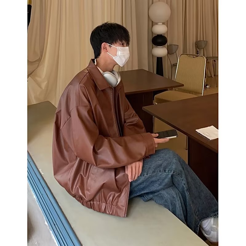 Spring and Autumn Korean motorcycle leather jacket men loose trendy handsome black retro American fashion leather jacket men