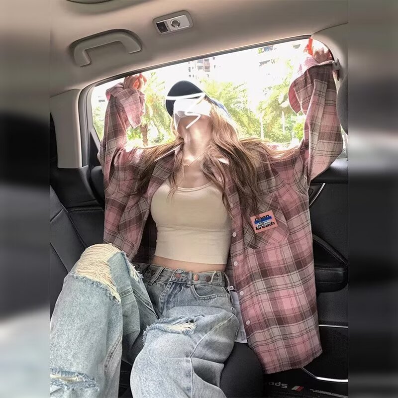 Large size American blue thin salt plaid shirt for women in summer fat girl slim and loose sunscreen cardigan jacket