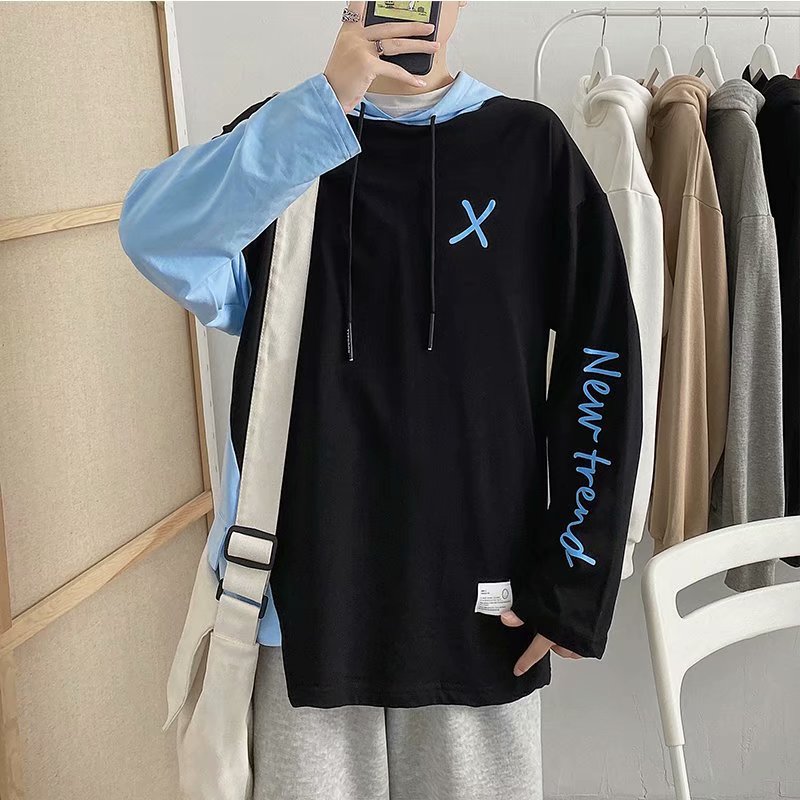 Summer hooded long-sleeved sweatshirt men's trend Korean style loose bat short-sleeved T-shirt men's ins long-sleeved