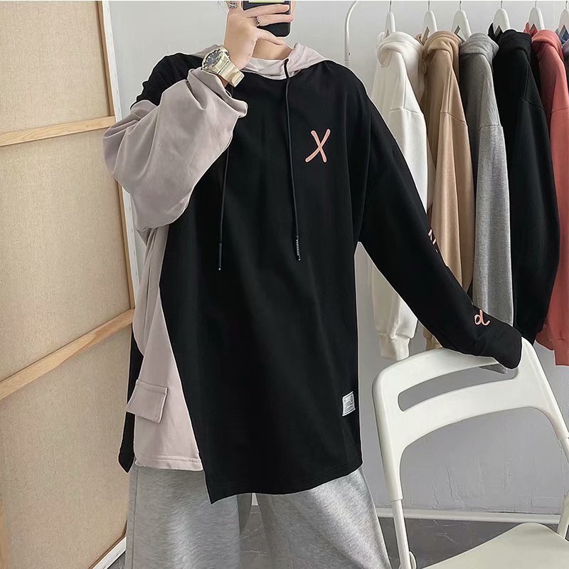 Summer hooded long-sleeved sweatshirt men's trend Korean style loose bat short-sleeved T-shirt men's ins long-sleeved