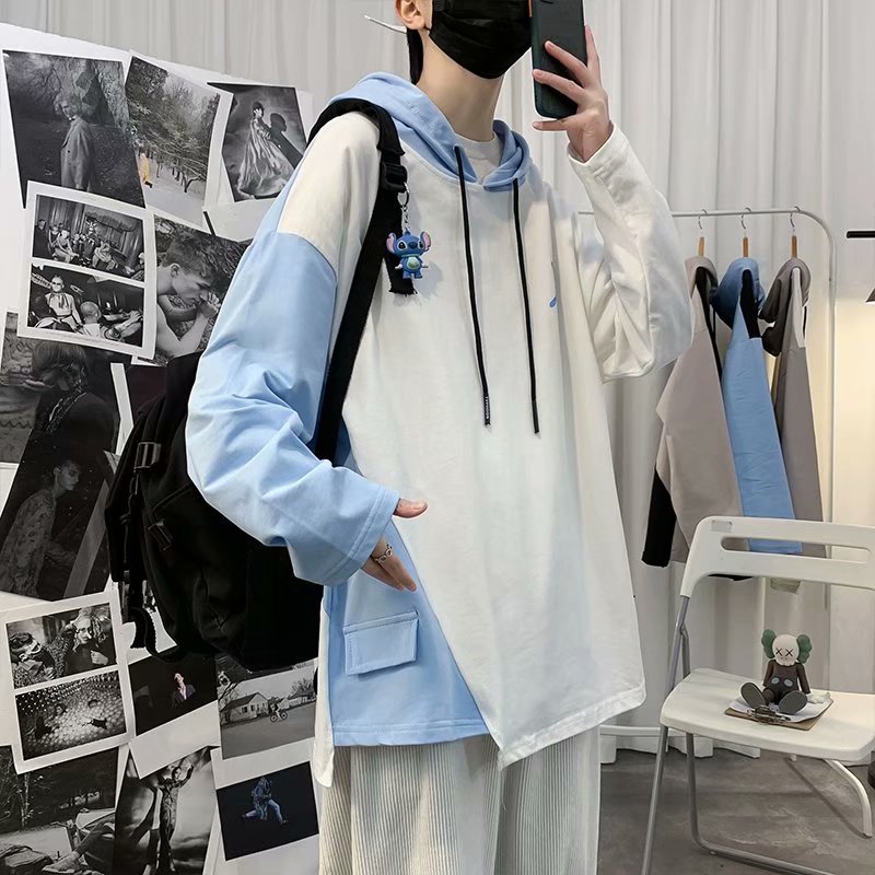 Summer hooded long-sleeved sweatshirt men's trend Korean style loose bat short-sleeved T-shirt men's ins long-sleeved