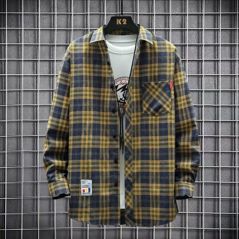 Spring and summer new long-sleeved plaid shirt for male students, Korean version, loose-fitting, versatile, trendy shirt, thin jacket