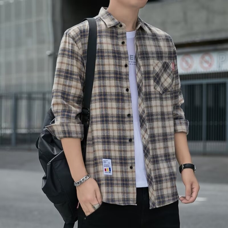 Spring and summer new long-sleeved plaid shirt for male students, Korean version, loose-fitting, versatile, trendy shirt, thin jacket