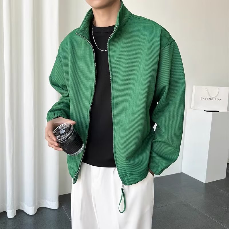 High-end green knitted cardigan jacket for men with stand-up collar, handsome and trendy thin retro street top casual jacket