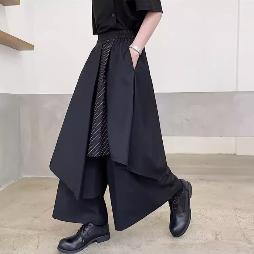 Dark black culottes for women, straight-leg personalized striped contrasting irregular hem trousers, fashionable street brand loose nine-point trousers