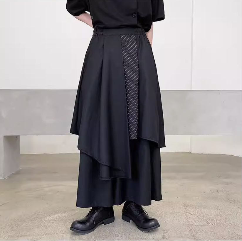 Dark black culottes for women, straight-leg personalized striped contrasting irregular hem trousers, fashionable street brand loose nine-point trousers