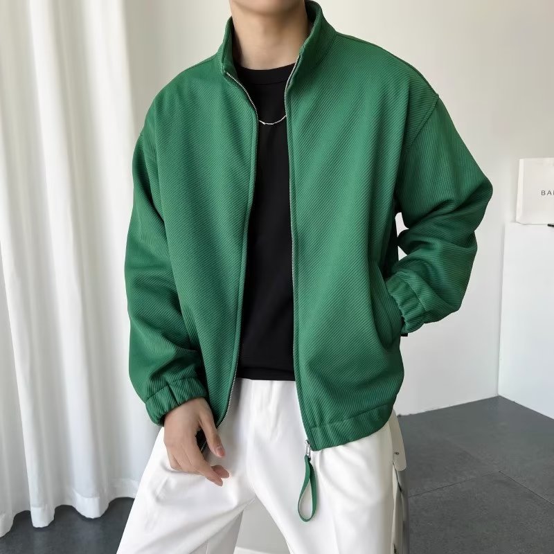 High-end green knitted cardigan jacket for men with stand-up collar, handsome and trendy thin retro street top casual jacket