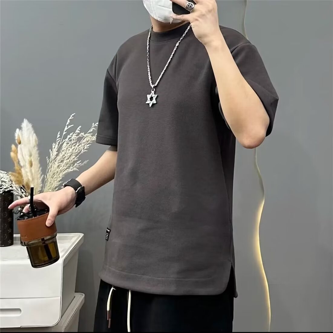 Short -sleeved T -shirt Men's Summer Fatty Trends Loose Hidden Pocket Identification Men's Half -Half -Half -Half -Hed Cloth