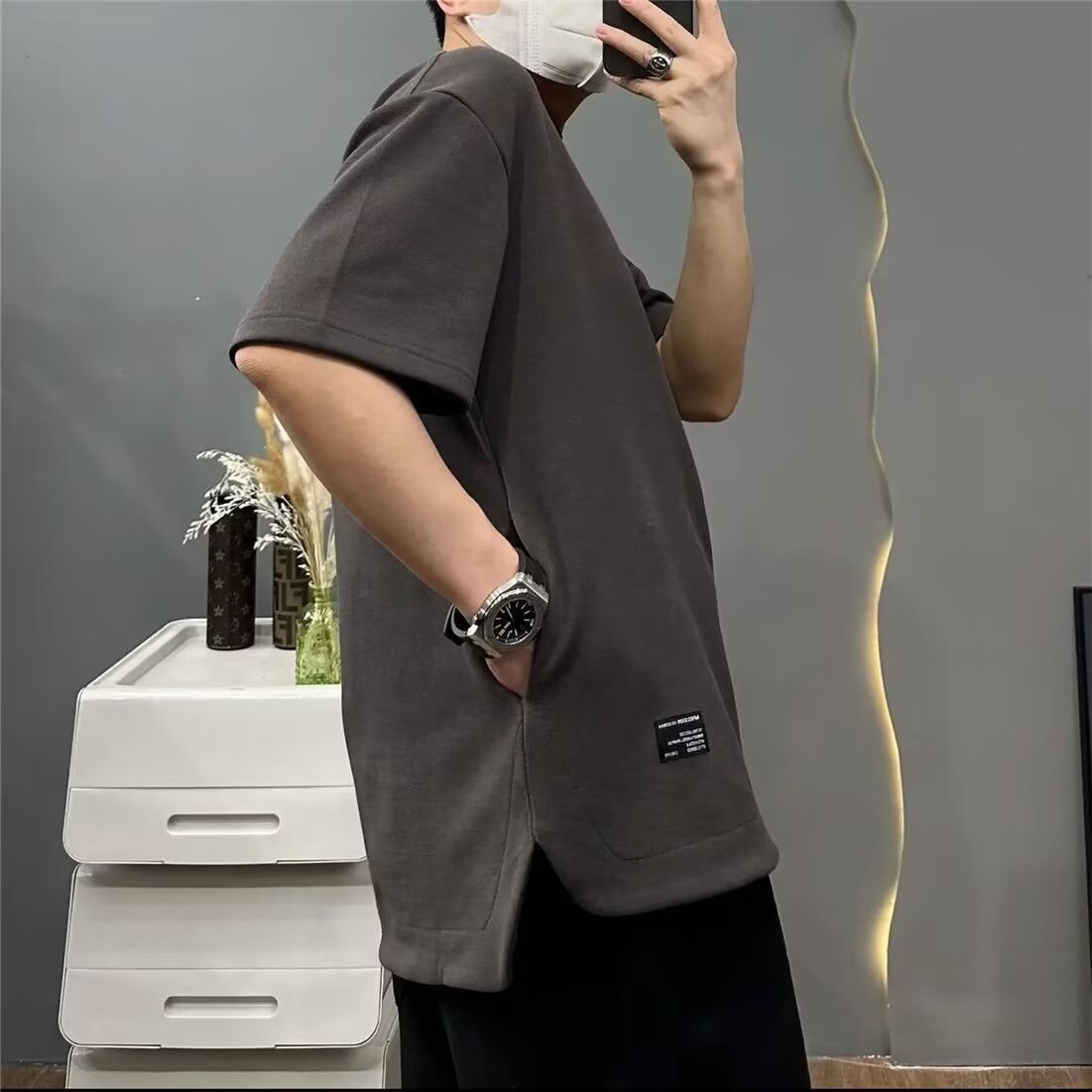 Short -sleeved T -shirt Men's Summer Fatty Trends Loose Hidden Pocket Identification Men's Half -Half -Half -Half -Hed Cloth