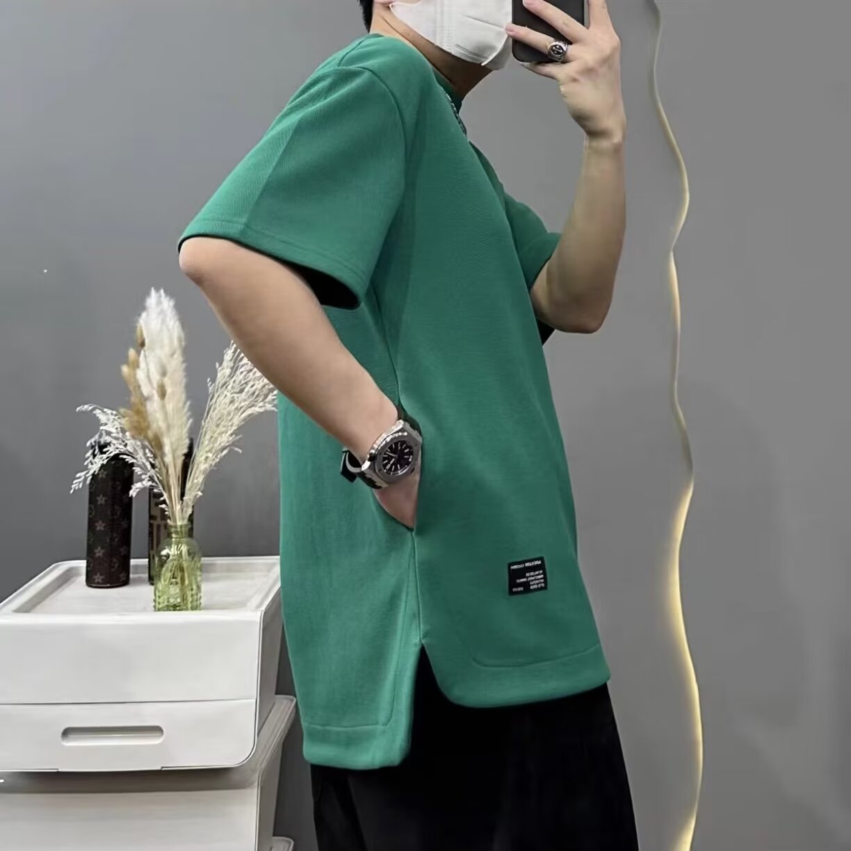 Short -sleeved T -shirt Men's Summer Fatty Trends Loose Hidden Pocket Identification Men's Half -Half -Half -Half -Hed Cloth