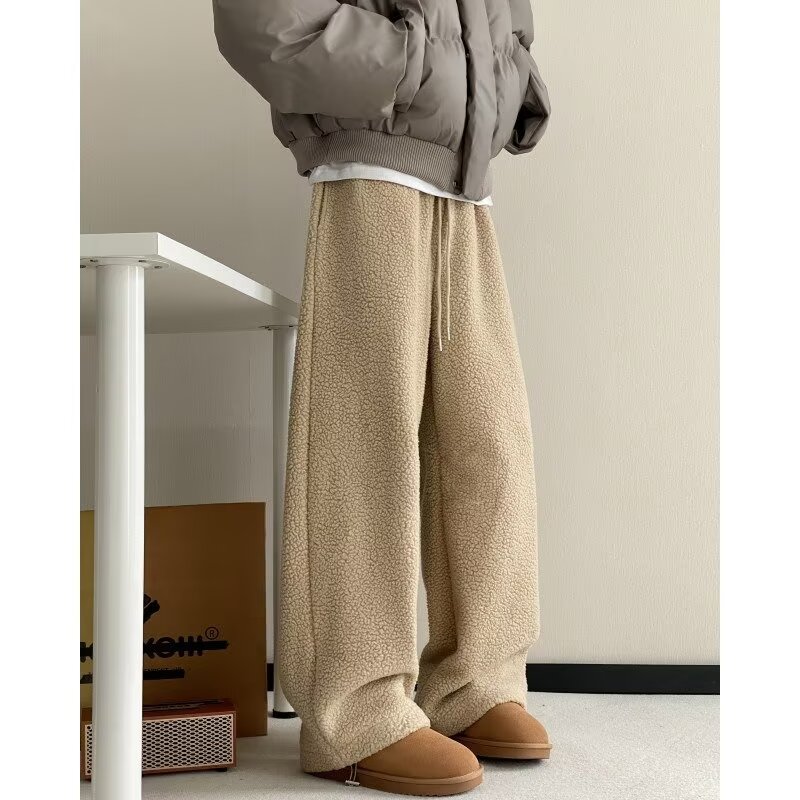 American style polar fleece pants for men in winter trendy brand loose plus velvet thickened warm cotton pants straight casual trousers
