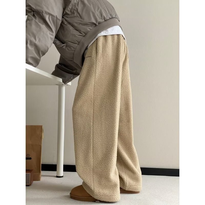 American style polar fleece pants for men in winter trendy brand loose plus velvet thickened warm cotton pants straight casual trousers